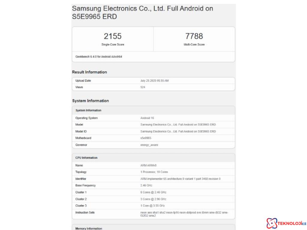 Samsung'un Exynos 2600 İşlemcisi, Galaxy S26 İçin Geekbench Testine Girdi